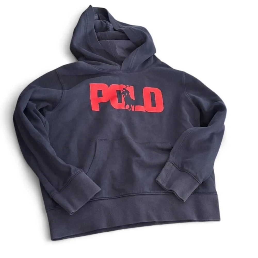 Vintage Polo Ralph Lauren kids hoodie in navy blue with oversized‎ red POLO logo